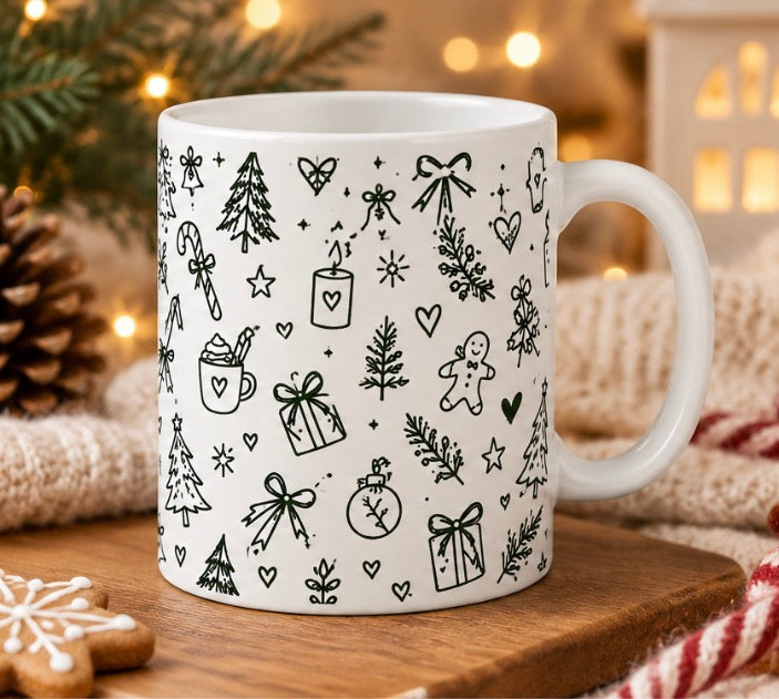 Weihnachtstasse 11 oz, Tasse Weihnachten mit Doodle Motiv, Christmas Mug, Keramiktasse Weihnachtsgeschenk, Cozy Christmas