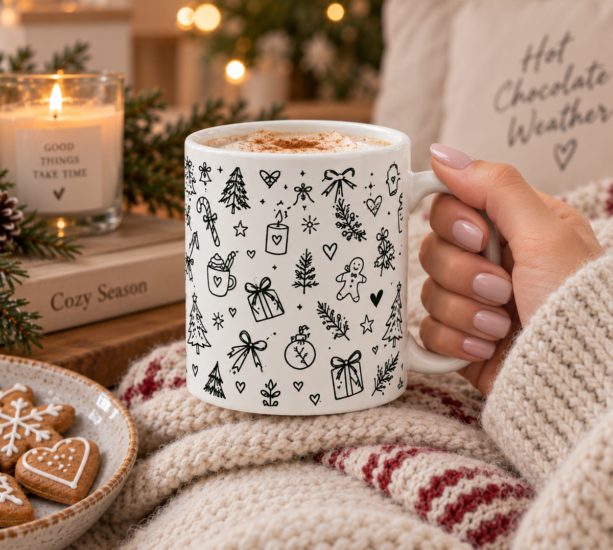Weihnachtstasse 11 oz, Tasse Weihnachten mit Doodle Motiv, Christmas Mug, Keramiktasse Weihnachtsgeschenk, Cozy Christmas