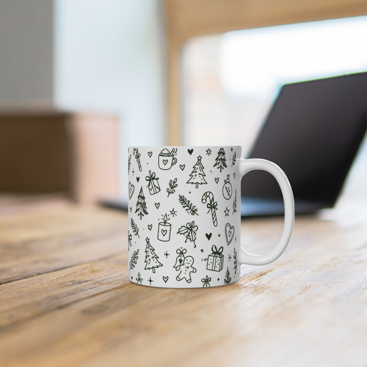 Weihnachtstasse 11 oz, Tasse Weihnachten mit Doodle Motiv, Christmas Mug, Keramiktasse Weihnachtsgeschenk, Cozy Christmas