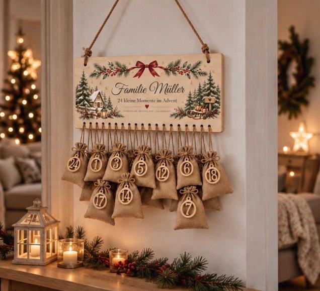 Personalisierter Adventskalender Familie | Adventskalender aus Holz mit 24 Säckchen | Weihnachtskalender mit Familienname | Wiederverwendbar