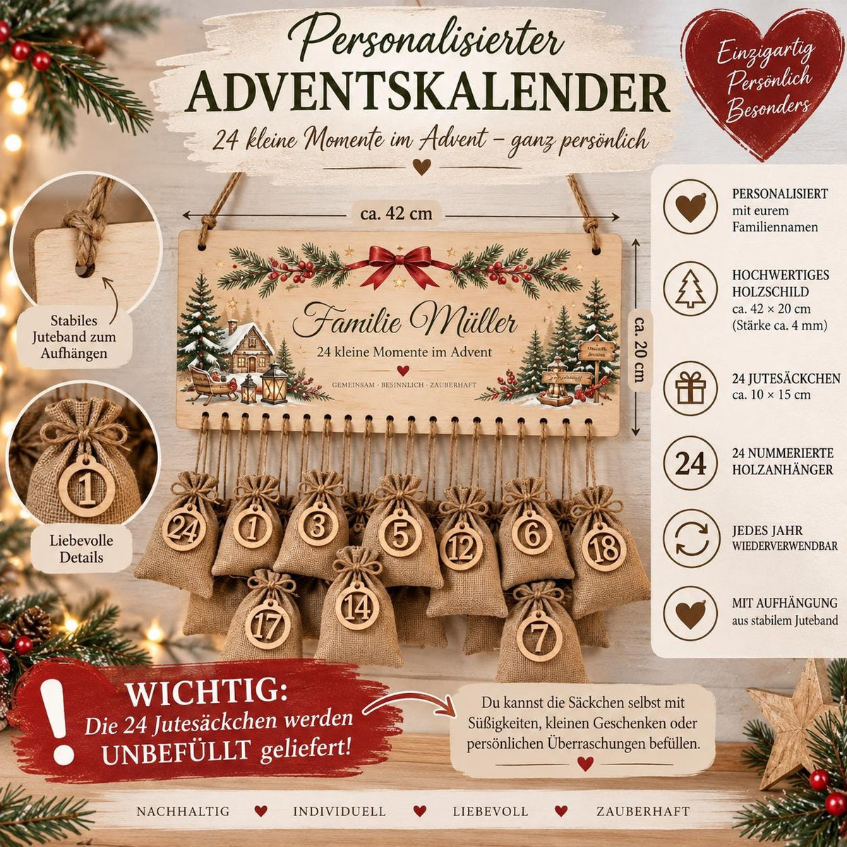 Personalisierter Adventskalender Familie | Adventskalender aus Holz mit 24 Säckchen | Weihnachtskalender mit Familienname | Wiederverwendbar