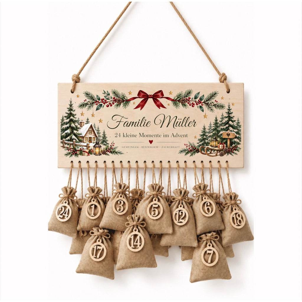 Personalisierter Adventskalender Familie | Adventskalender aus Holz mit 24 Säckchen | Weihnachtskalender mit Familienname | Wiederverwendbar
