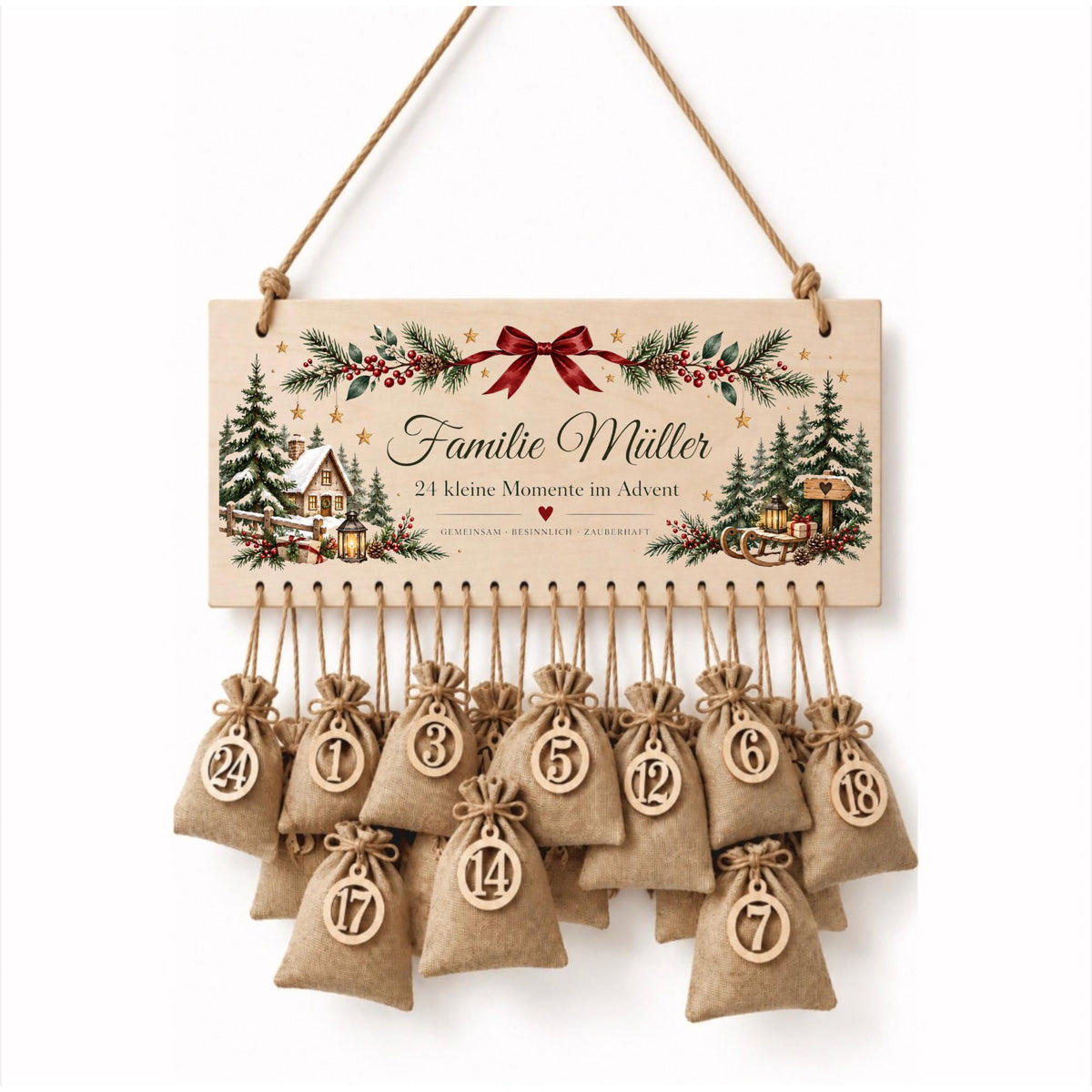 Personalisierter Adventskalender Familie | Adventskalender aus Holz mit 24 Säckchen | Weihnachtskalender mit Familienname | Wiederverwendbar