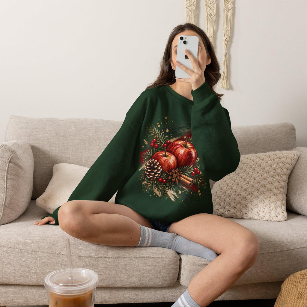 Weihnachtssweatshirt Damen, Christmas Sweater mit Äpfeln, Tannengrün & Zimt, Cozy Weihnachtspullover, Weihnachtsgeschenk