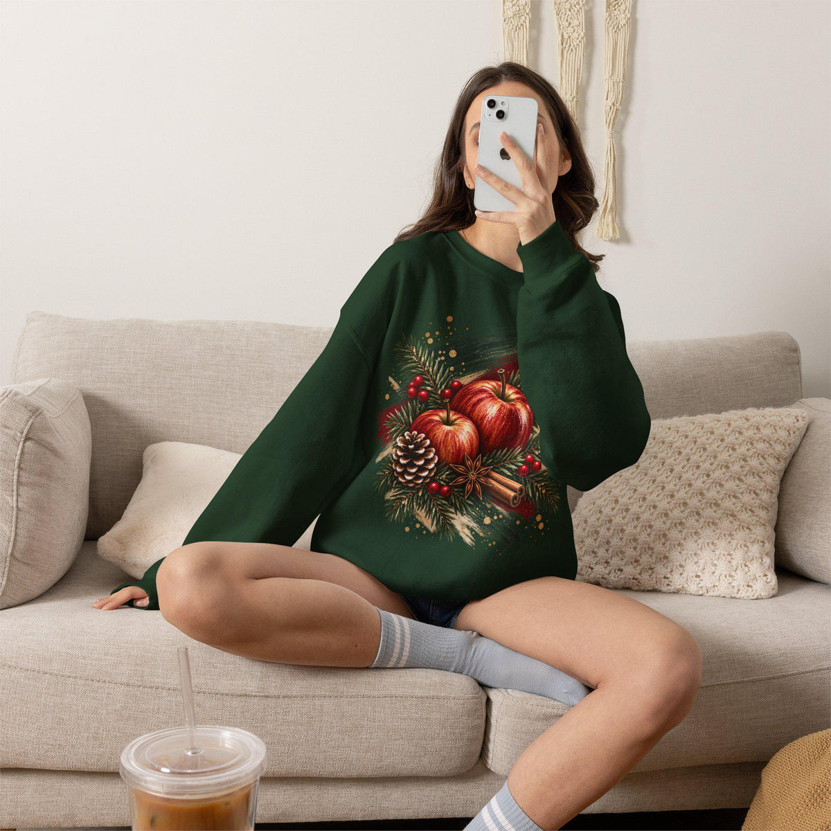 Weihnachtssweatshirt Damen, Christmas Sweater mit Äpfeln, Tannengrün & Zimt, Cozy Weihnachtspullover, Weihnachtsgeschenk