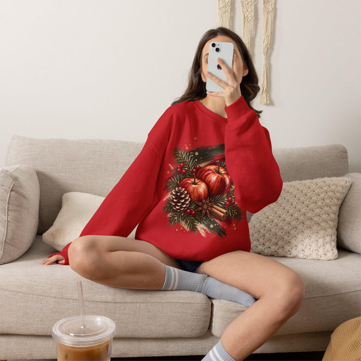 Weihnachtssweatshirt Damen, Christmas Sweater mit Äpfeln, Tannengrün & Zimt, Cozy Weihnachtspullover, Weihnachtsgeschenk
