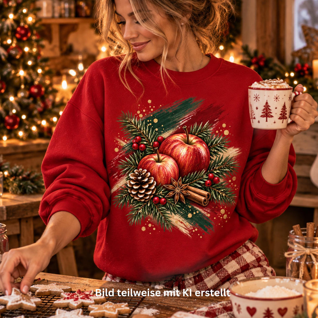 Weihnachtssweatshirt Damen, Christmas Sweater mit Äpfeln, Tannengrün & Zimt, Cozy Weihnachtspullover, Weihnachtsgeschenk