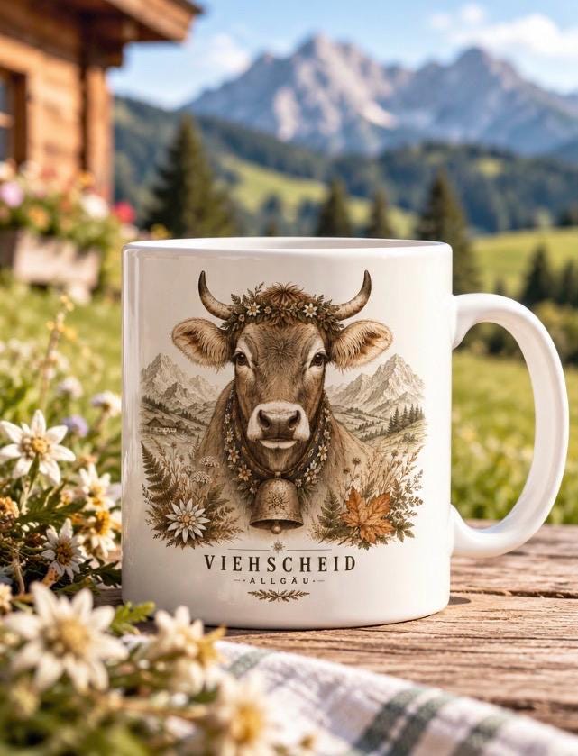 Viehscheid Allgäu Tasse - Kuh Motiv, Geschenk für Allgäu Fans, Keramiktasse mit Alpendesign