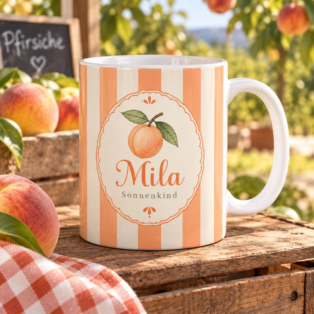 Personalisierte Tasse mit Name & Wunschtext – Apricot Streifen mit Pfirsich, Keramiktasse Sonnenkind
