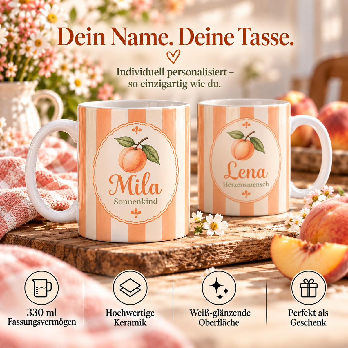 Personalisierte Tasse mit Name & Wunschtext – Apricot Streifen mit Pfirsich, Keramiktasse Sonnenkind