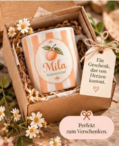 Personalisierte Tasse mit Name & Wunschtext – Apricot Streifen mit Pfirsich, Keramiktasse Sonnenkind