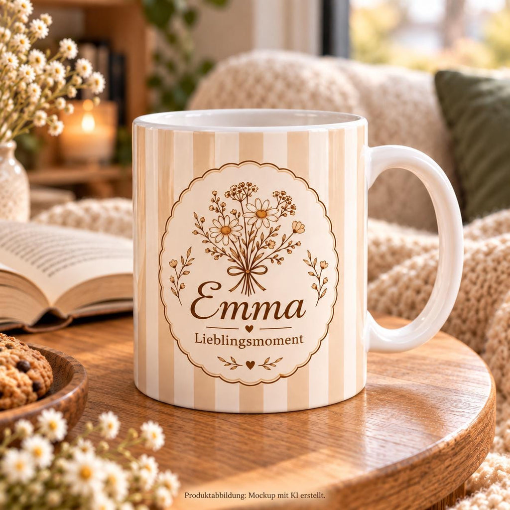 Personalisierte Tasse mit Name & Wunschtext – Streifen beige  mit Pfirsich, Keramiktasse Lieblingsmoment