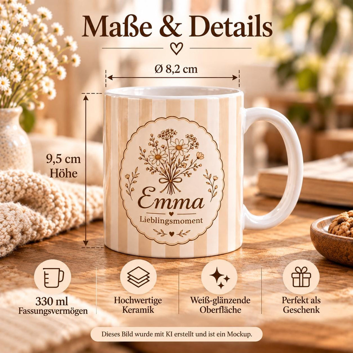 Personalisierte Tasse mit Name & Wunschtext – Streifen beige  mit Pfirsich, Keramiktasse Lieblingsmoment
