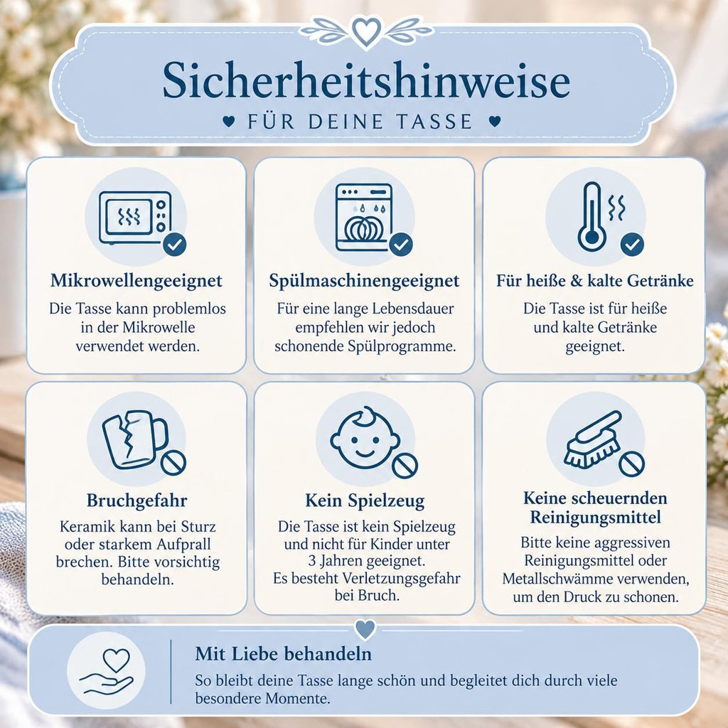 Personalisierte Tasse mit Name & Wunschtext – Hellblaue Streifen mit Wolke, Herz, Vögel, Keramiktasse Tagträumer
