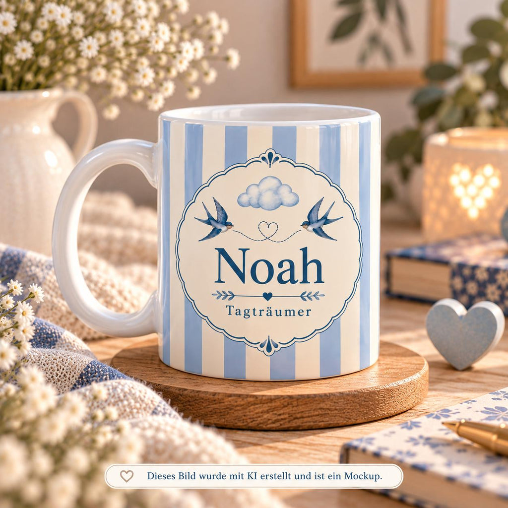 Personalisierte Tasse mit Name & Wunschtext – Hellblaue Streifen mit Wolke, Herz, Vögel, Keramiktasse Tagträumer