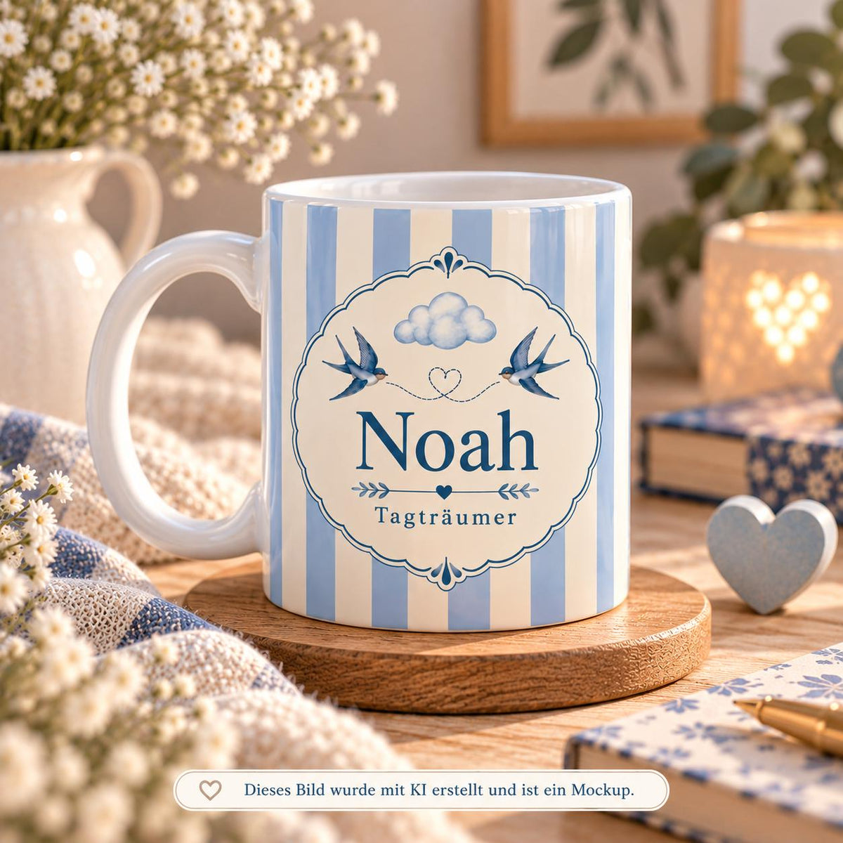 Personalisierte Tasse mit Name & Wunschtext – Hellblaue Streifen mit Wolke, Herz, Vögel, Keramiktasse Tagträumer