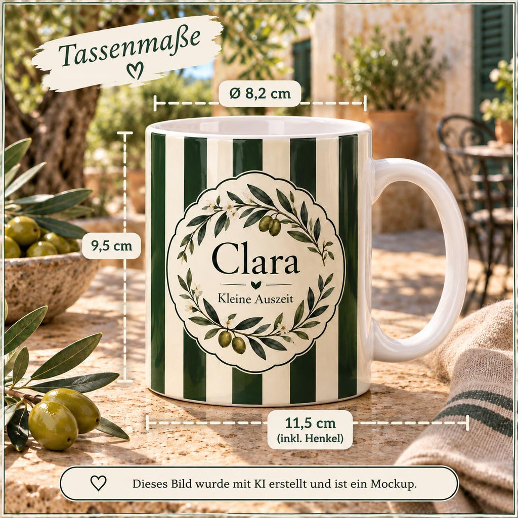 Personalisierte Tasse mit Name & Wunschtext – Dunkelgrüne Streifen mit Oliven, Keramiktasse Kleine Auszeit
