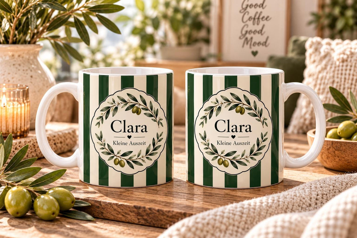 Personalisierte Tasse mit Name & Wunschtext – Dunkelgrüne Streifen mit Oliven, Keramiktasse Kleine Auszeit