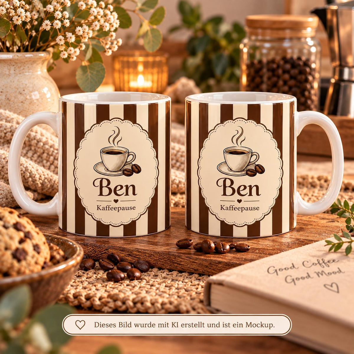 Personalisierte Tasse mit Name & Wunschtext – Braune Streifen mit Kaffeemotiv, Keramiktasse Kaffeepause