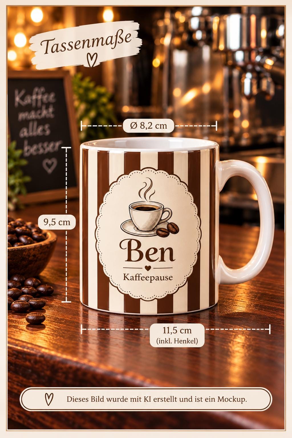 Personalisierte Tasse mit Name & Wunschtext – Braune Streifen mit Kaffeemotiv, Keramiktasse Kaffeepause