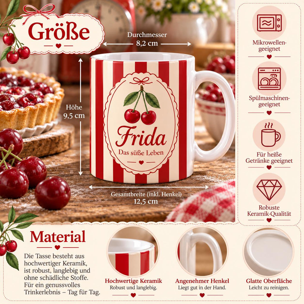 Personalisierte Tasse mit Name & Wunschtext – Rot mit Kirschen, Keramiktasse Das süße Leben