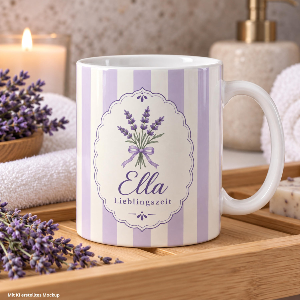 Personalisierte Tasse mit Name & Wunschtext – Pastelllila mit Lavendel, Keramiktasse Lieblingszeit