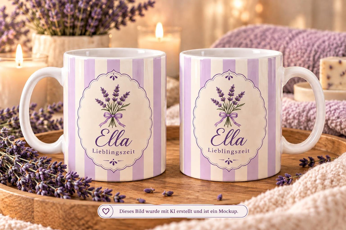 Personalisierte Tasse mit Name & Wunschtext – Pastelllila mit Lavendel, Keramiktasse Lieblingszeit