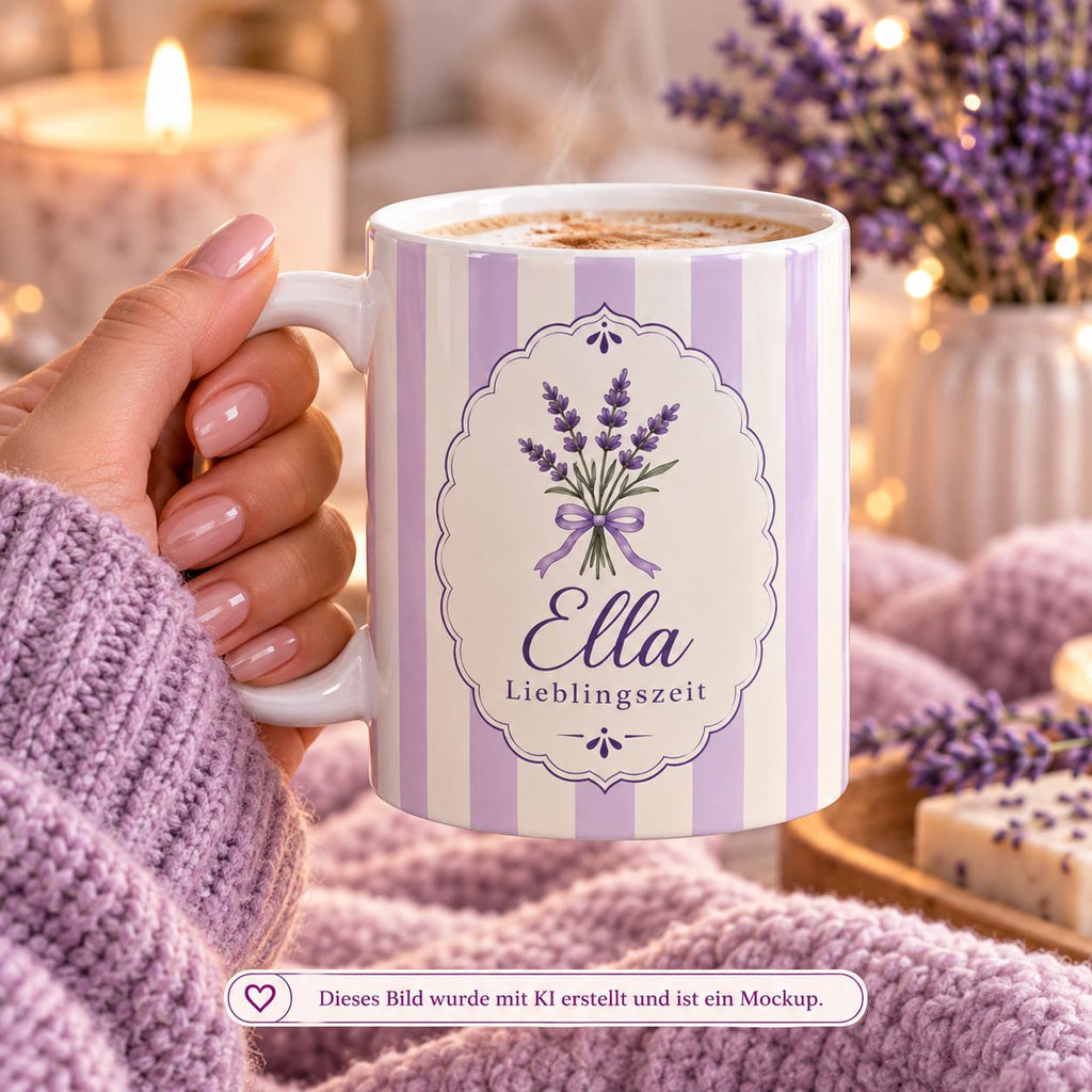 Personalisierte Tasse mit Name & Wunschtext – Pastelllila mit Lavendel, Keramiktasse Lieblingszeit