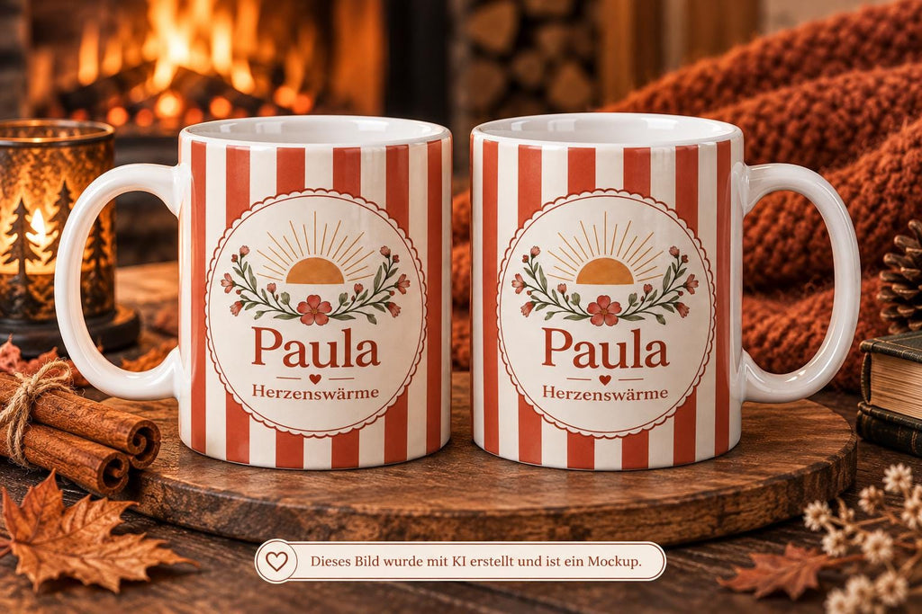 Personalisierte Tasse mit Name & Wunschtext – Kupferrot mit Sonnenmotiv, Keramiktasse Herzenswärme