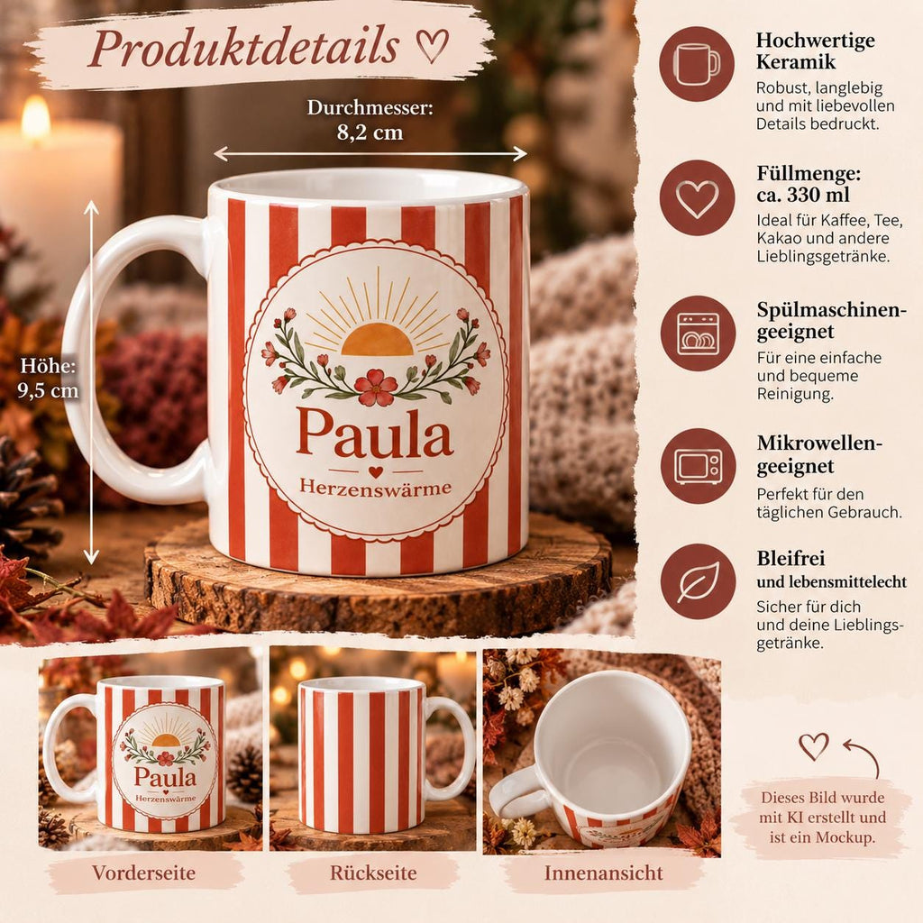 Personalisierte Tasse mit Name & Wunschtext – Kupferrot mit Sonnenmotiv, Keramiktasse Herzenswärme