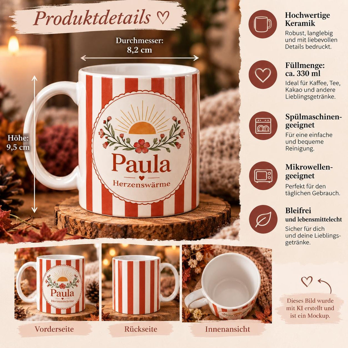 Personalisierte Tasse mit Name & Wunschtext – Kupferrot mit Sonnenmotiv, Keramiktasse Herzenswärme