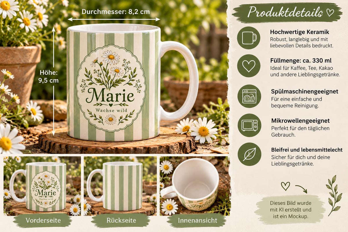 Personalisierte Tasse mit Name & Wunschtext – Pastellgrün mit Kamille, Keramiktasse Wachse wild