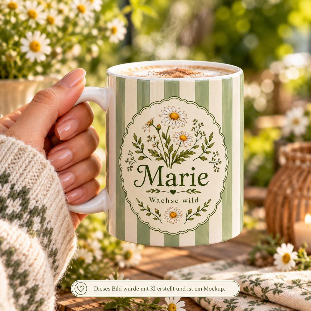 Personalisierte Tasse mit Name & Wunschtext – Pastellgrün mit Kamille, Keramiktasse Wachse wild