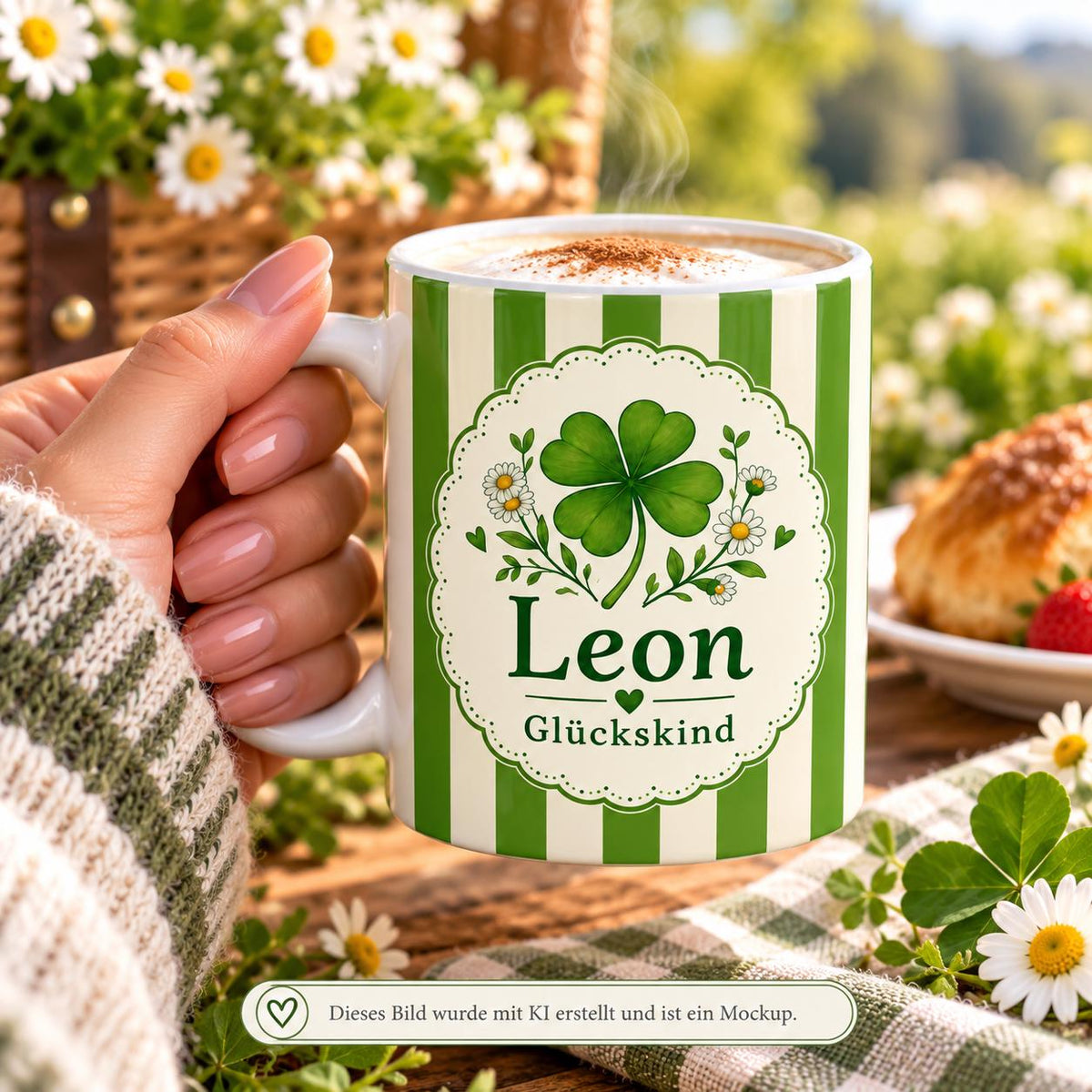 Personalisierte Tasse mit Name & Wunschtext – Grün mit Kleeblättern, Keramiktasse Glückskind