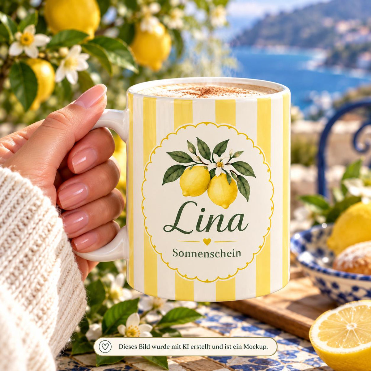 Personalisierte Tasse mit Name & Wunschtext – Pastellgelb mit Zitronen, Keramiktasse Sonnenschein