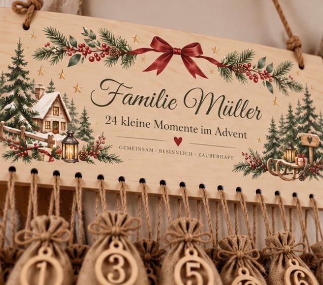 Personalisierter Adventskalender Familie | Adventskalender aus Holz mit 24 Säckchen | Weihnachtskalender mit Familienname | Wiederverwendbar