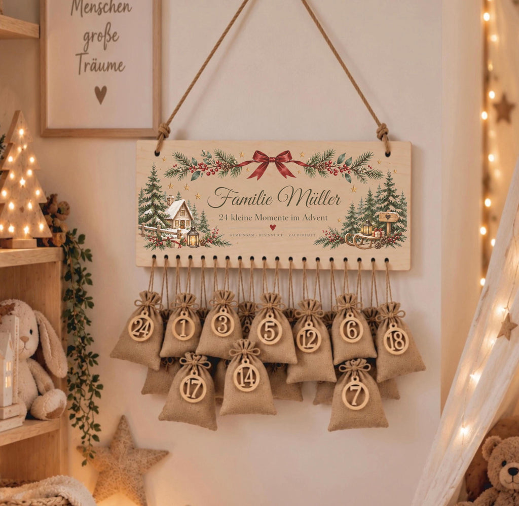 Personalisierter Adventskalender Familie | Adventskalender aus Holz mit 24 Säckchen | Weihnachtskalender mit Familienname | Wiederverwendbar