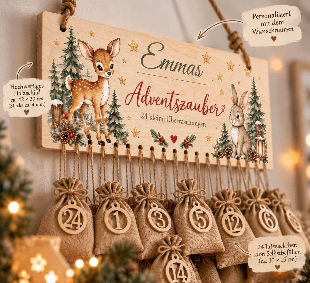 Personalisierter Adventskalender für Kinder | Adventskalender mit Name | 24 Jutesäckchen zum Befüllen | Weihnachtskalender Holz
