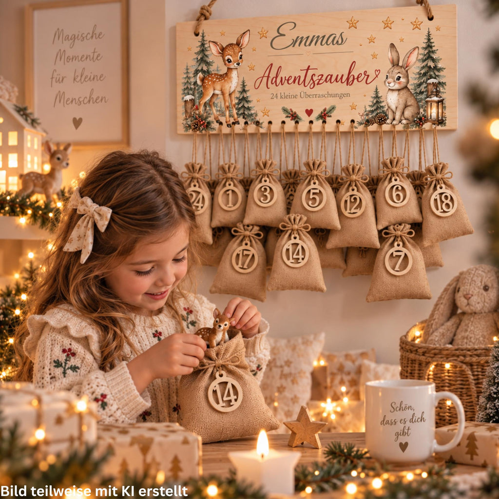 Personalisierter Adventskalender für Kinder | Adventskalender mit Name | 24 Jutesäckchen zum Befüllen | Weihnachtskalender Holz