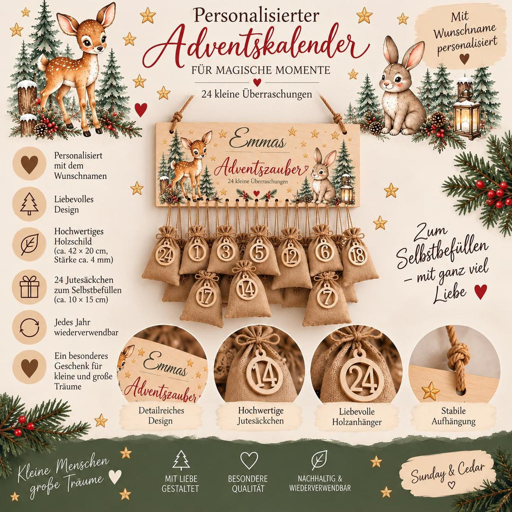 Personalisierter Adventskalender für Kinder | Adventskalender mit Name | 24 Jutesäckchen zum Befüllen | Weihnachtskalender Holz