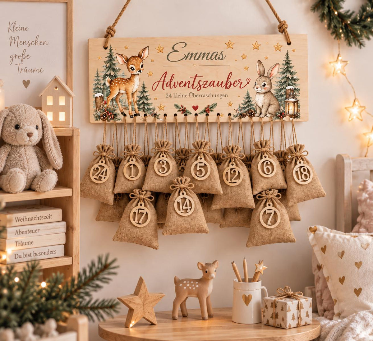 Personalisierter Adventskalender für Kinder | Adventskalender mit Name | 24 Jutesäckchen zum Befüllen | Weihnachtskalender Holz