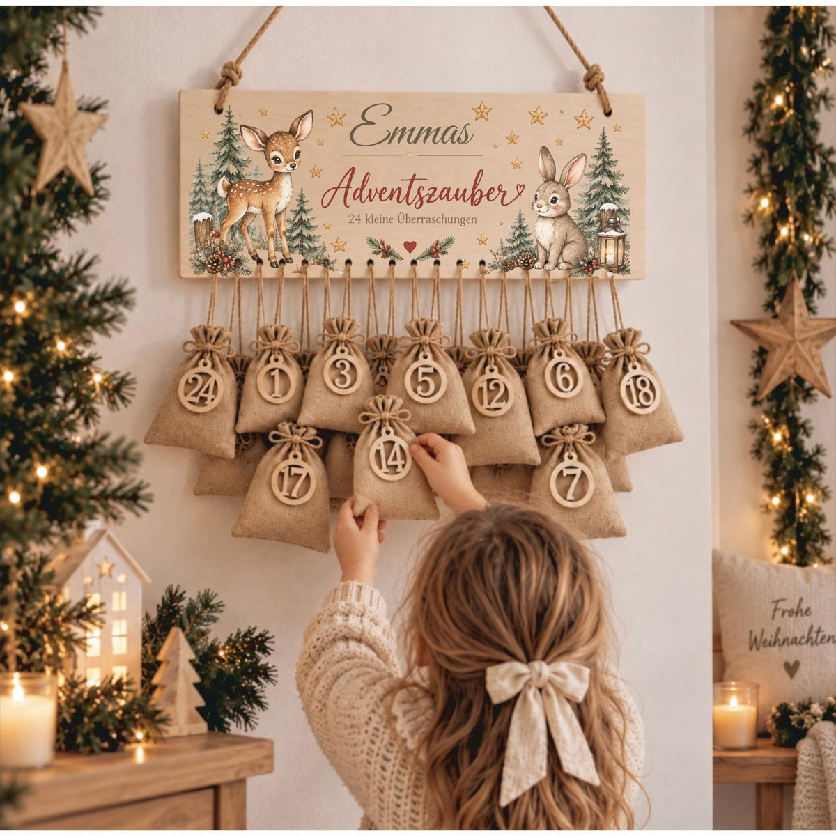 Personalisierter Adventskalender für Kinder | Adventskalender mit Name | 24 Jutesäckchen zum Befüllen | Weihnachtskalender Holz