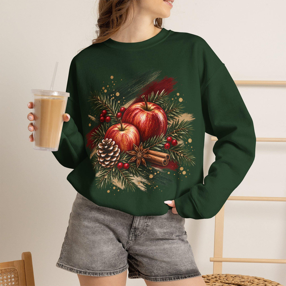 Weihnachtssweatshirt Damen, Christmas Sweater mit Äpfeln, Tannengrün & Zimt, Cozy Weihnachtspullover, Weihnachtsgeschenk