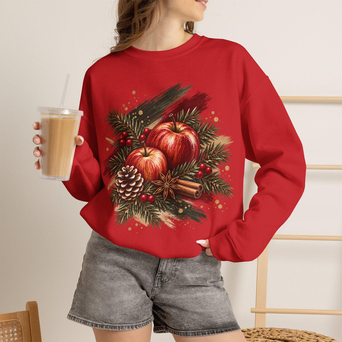 Weihnachtssweatshirt Damen, Christmas Sweater mit Äpfeln, Tannengrün & Zimt, Cozy Weihnachtspullover, Weihnachtsgeschenk