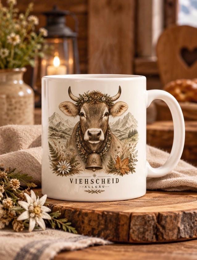 Viehscheid Allgäu Tasse - Kuh Motiv, Geschenk für Allgäu Fans, Keramiktasse mit Alpendesign