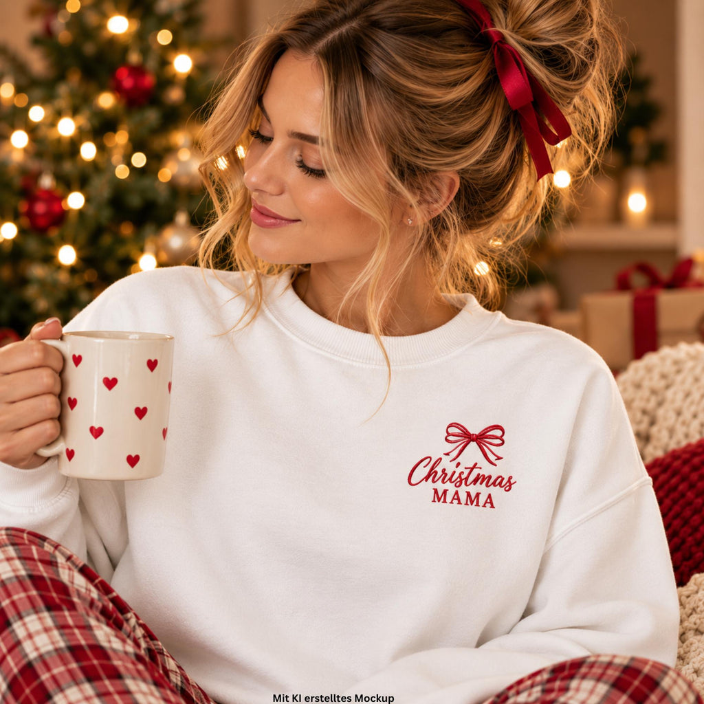 Christmas Mama Sweatshirt bestickt | Mama Weihnachtspullover | Weihnachtsgeschenk für Mama | Gildan 18000 Unisex Pullover mit Schleife