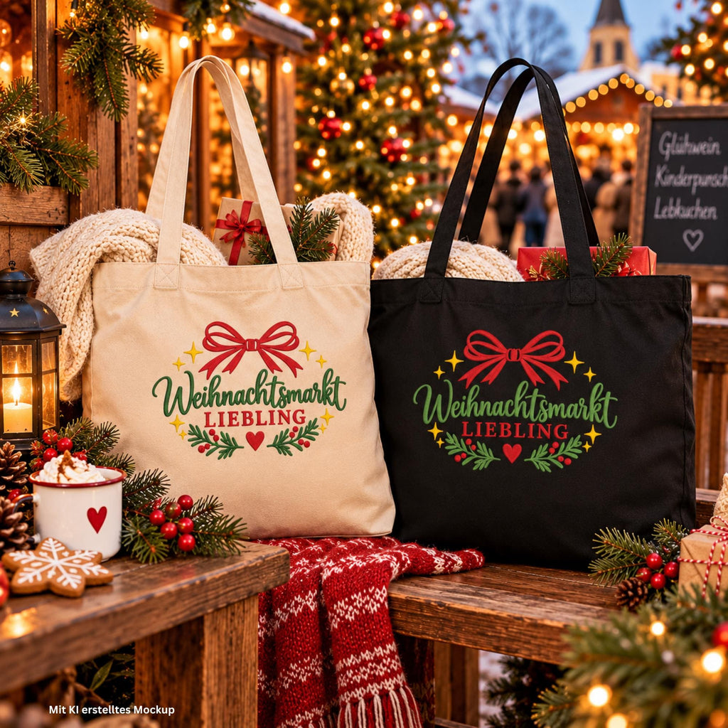 Weihnachtsmarkt Liebling Tasche bestickt | Große Bio Baumwolltasche | Weihnachtstasche | Geschenk für Weihnachtsmarkt Fans