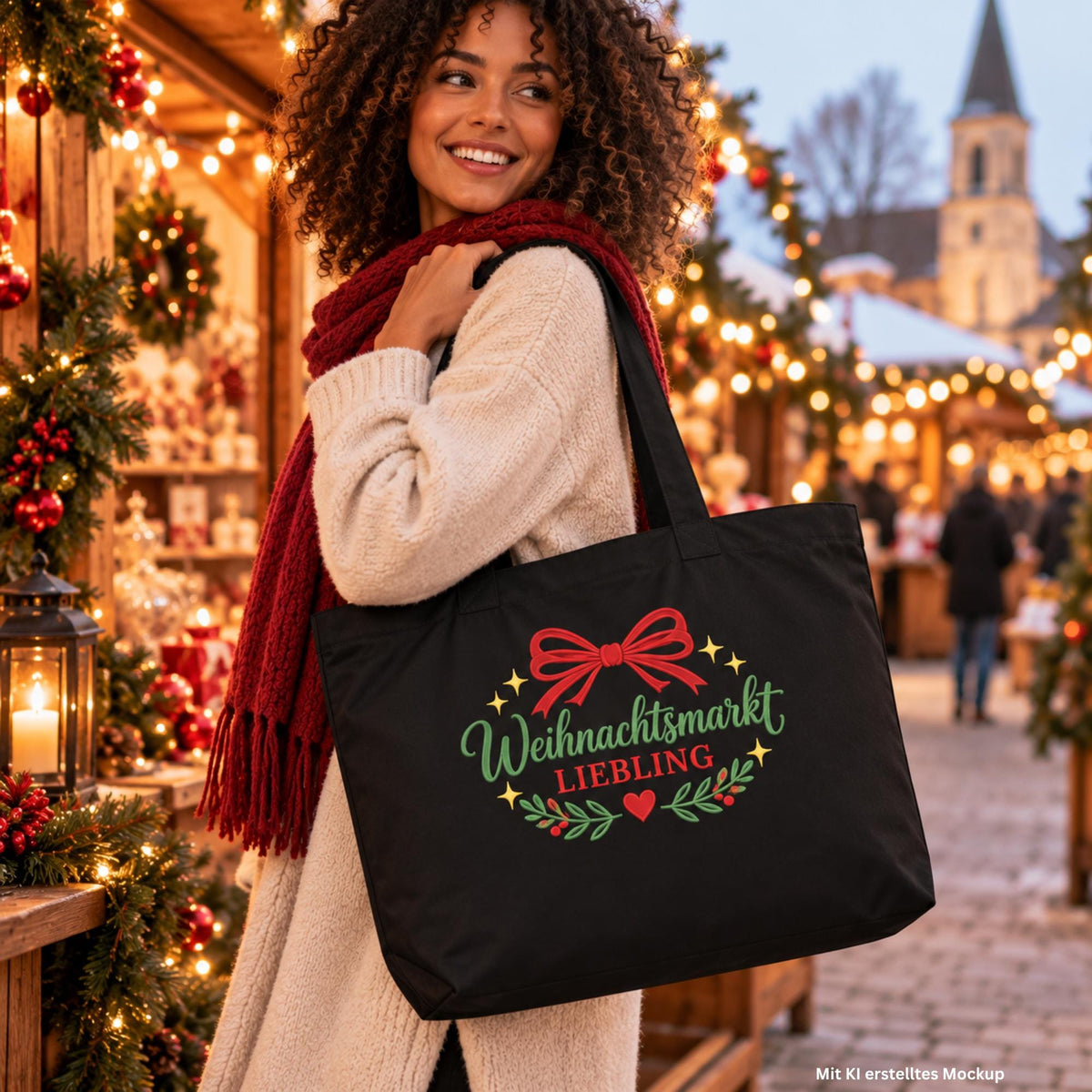 Weihnachtsmarkt Liebling Tasche bestickt | Große Bio Baumwolltasche | Weihnachtstasche | Geschenk für Weihnachtsmarkt Fans