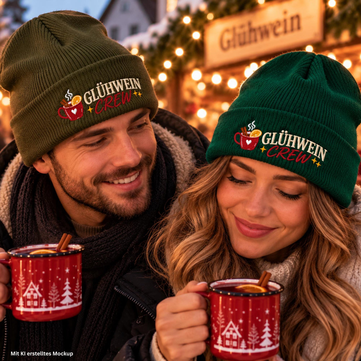 Glühwein Crew Beanie bestickt | Weihnachtsmütze Unisex | Wintermütze | Geschenk für Weihnachtsmarkt Fans | Glühwein Geschenk