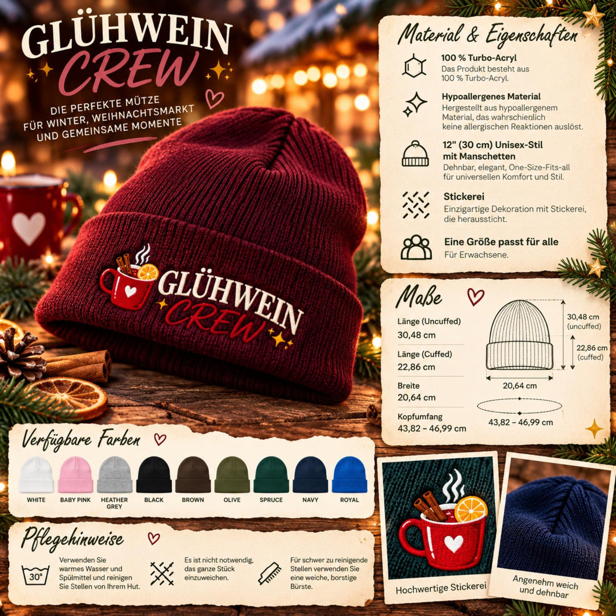 Glühwein Crew Beanie bestickt | Weihnachtsmütze Unisex | Wintermütze | Geschenk für Weihnachtsmarkt Fans | Glühwein Geschenk